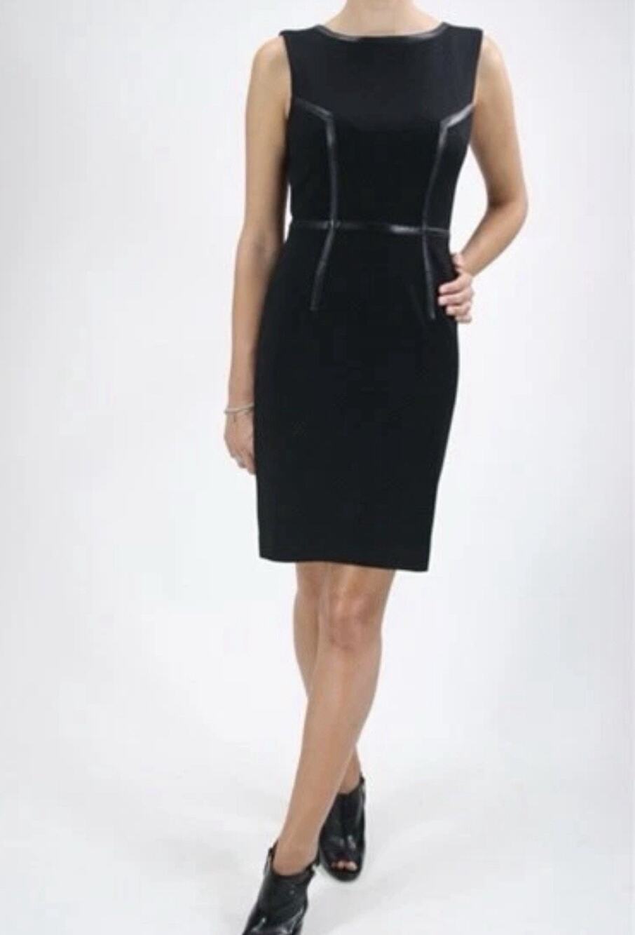 Trina Turk Katherine Leather Trim Ponte Sleeveless Dress 8 EUC Lined Classic